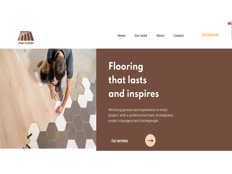 A flooring website home page and a man installing tiles.