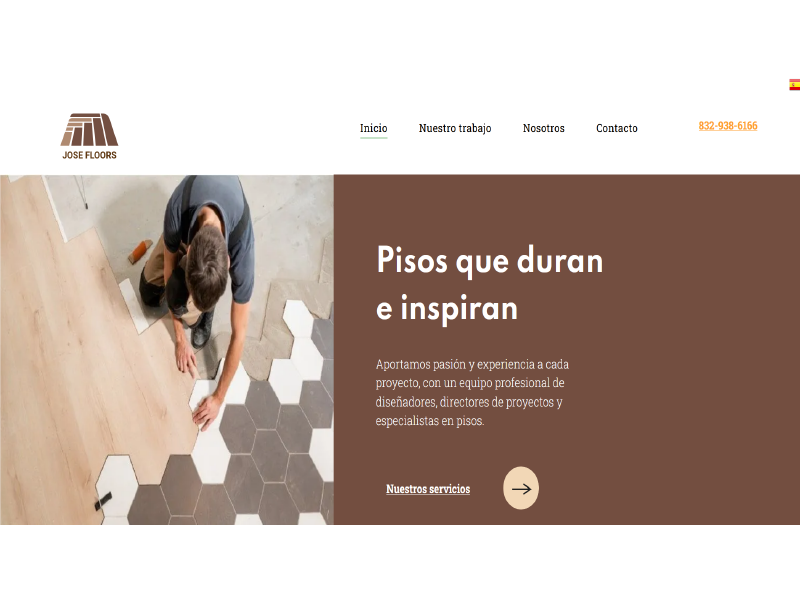 A website home page with words in Spanish and a man installing tiles.